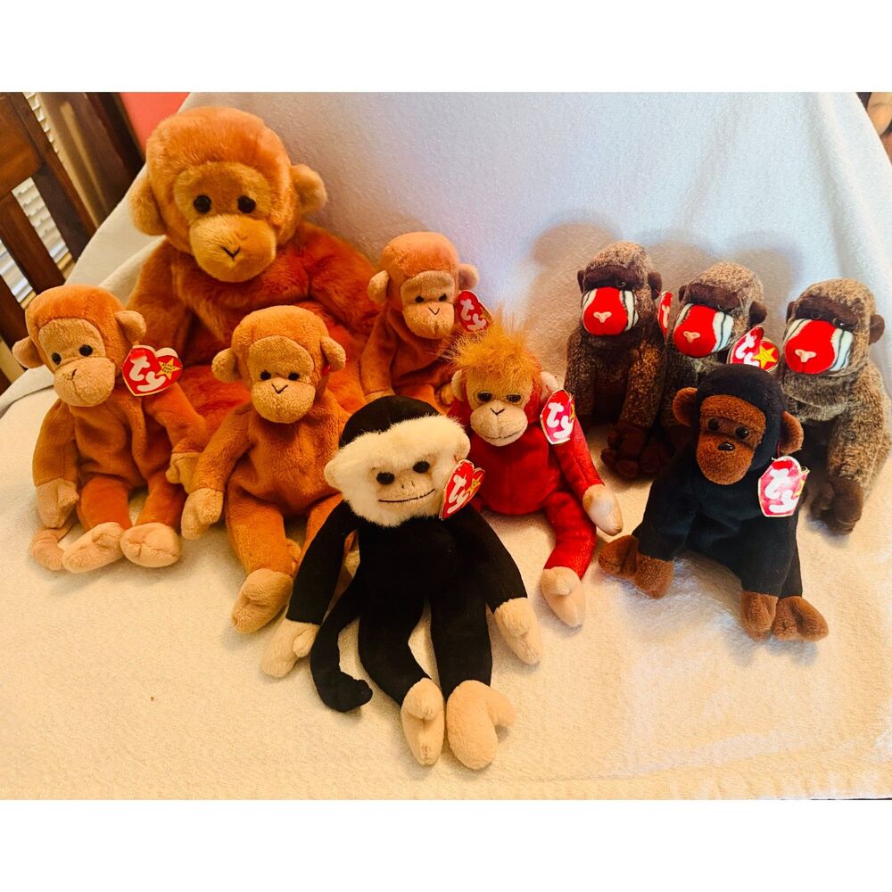 Lot of monkey TY Beanie Babies and Beanie Buddy
